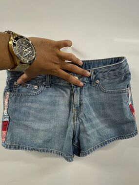 Denim Women's Shorts with Red Patch Accent